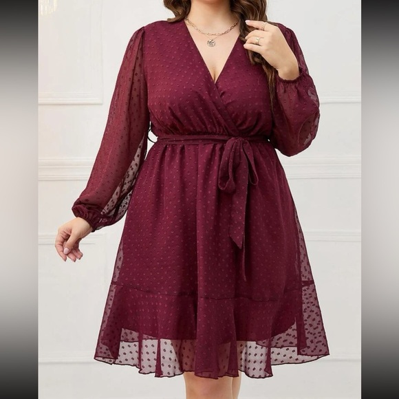 Dresses & Skirts - Burgundy plus size  bishop sleeve ruffle hem belted mini dress